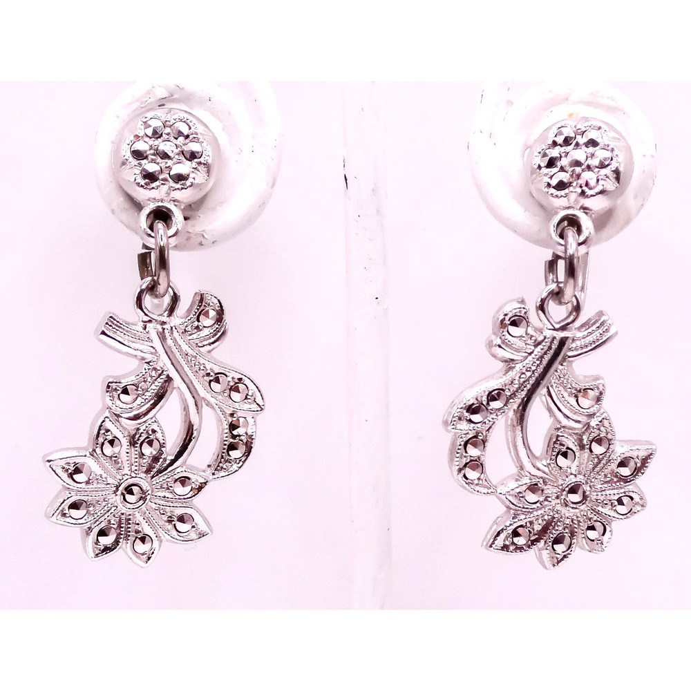 Silver Marcasite Sterling 925 Drop Dangle Flower Earrings 1.2" BK Screw-back